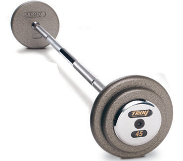 TROY Pro-Style Straight Barbell with Gray Iron Plates, Chrome Bar, and Chrome Endcaps 20-110 lb Set (10lb increments)