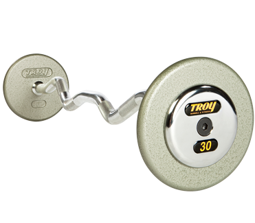 TROY Pro-Style Curl Barbell with Gray Iron Plates, Chrome Bar, and Chrome Endcaps 20-110 lb Set (10 lb Increments)