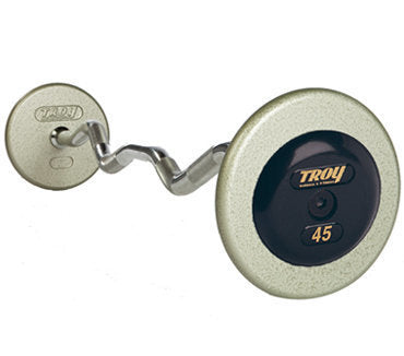TROY Pro-Style Curl Barbell with Gray Iron Plates, Chrome Bar, and Rubber Endcaps 20-110 lb Set (10 lb Increments)