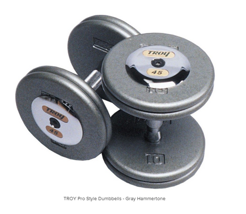 TROY Pro Style Dumbbells with Grey Plates, Contoured Handle, and Chrome Endcaps (pairs)